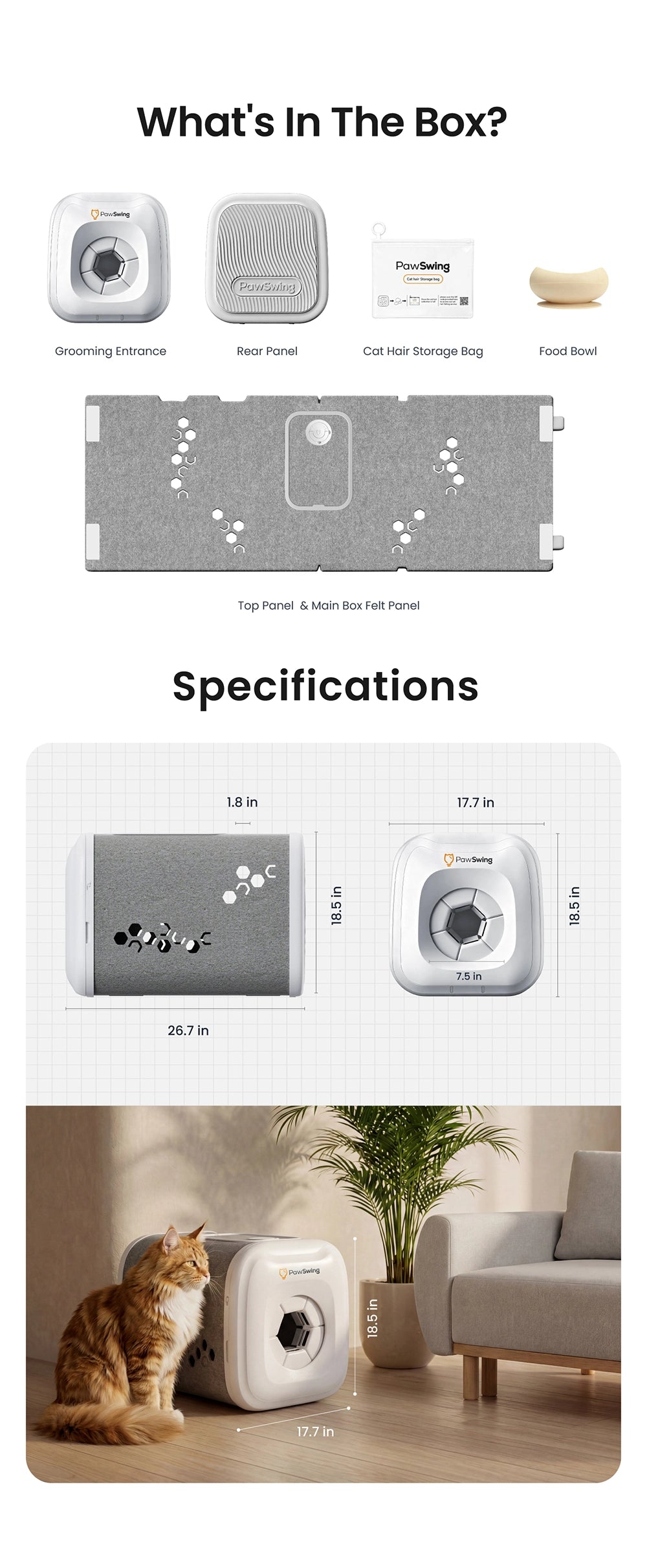 A layout showing the precise dimensions of the PawSwing Neo, a compact addition to your collection of cat grooming tools that fits perfectly into any modern home environment.
