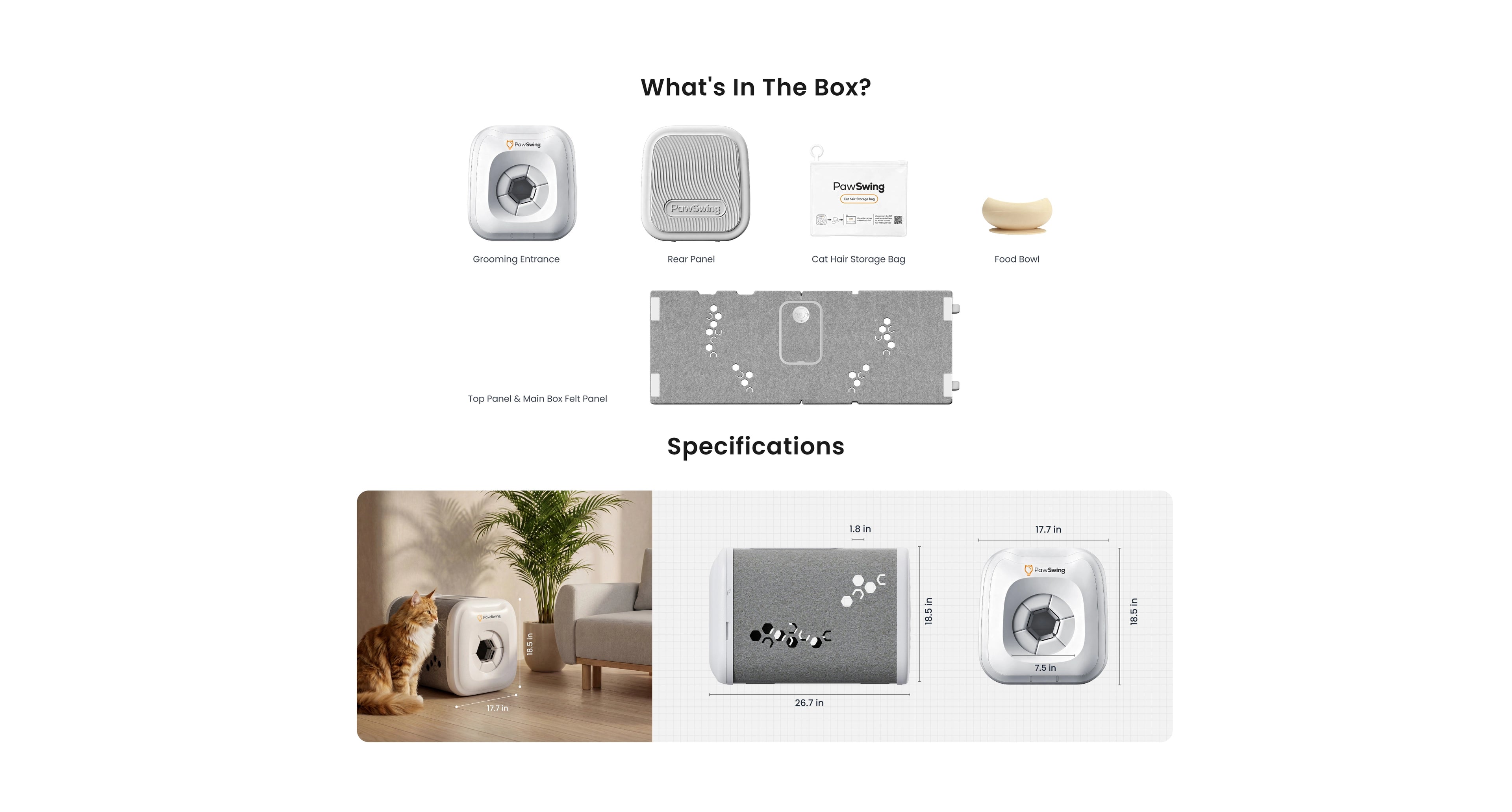 A layout showing the precise dimensions of the PawSwing Neo, a compact addition to your collection of professional cat grooming that fits perfectly into any modern home environment.