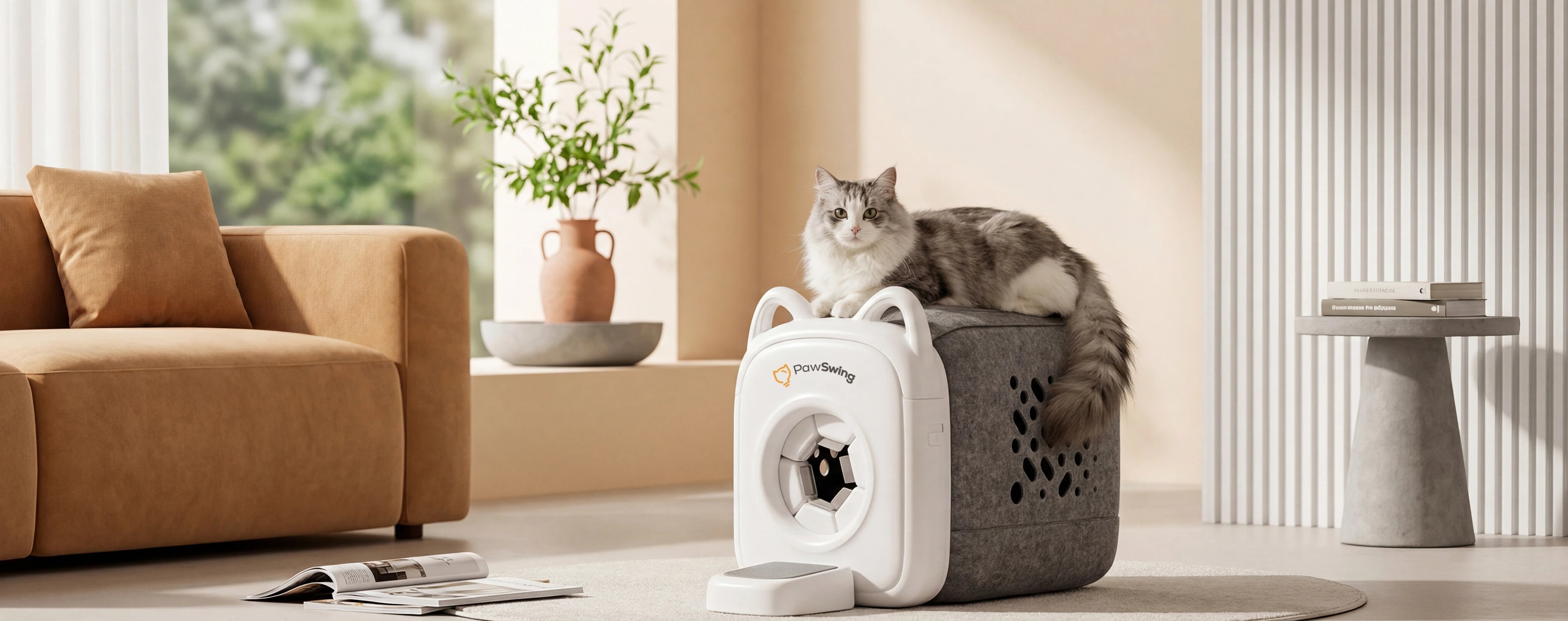 The PawSwing® self grooming cat house fits perfectly in a modern, sunlit living room, offering a professional-grade grooming station that complements your home decor.