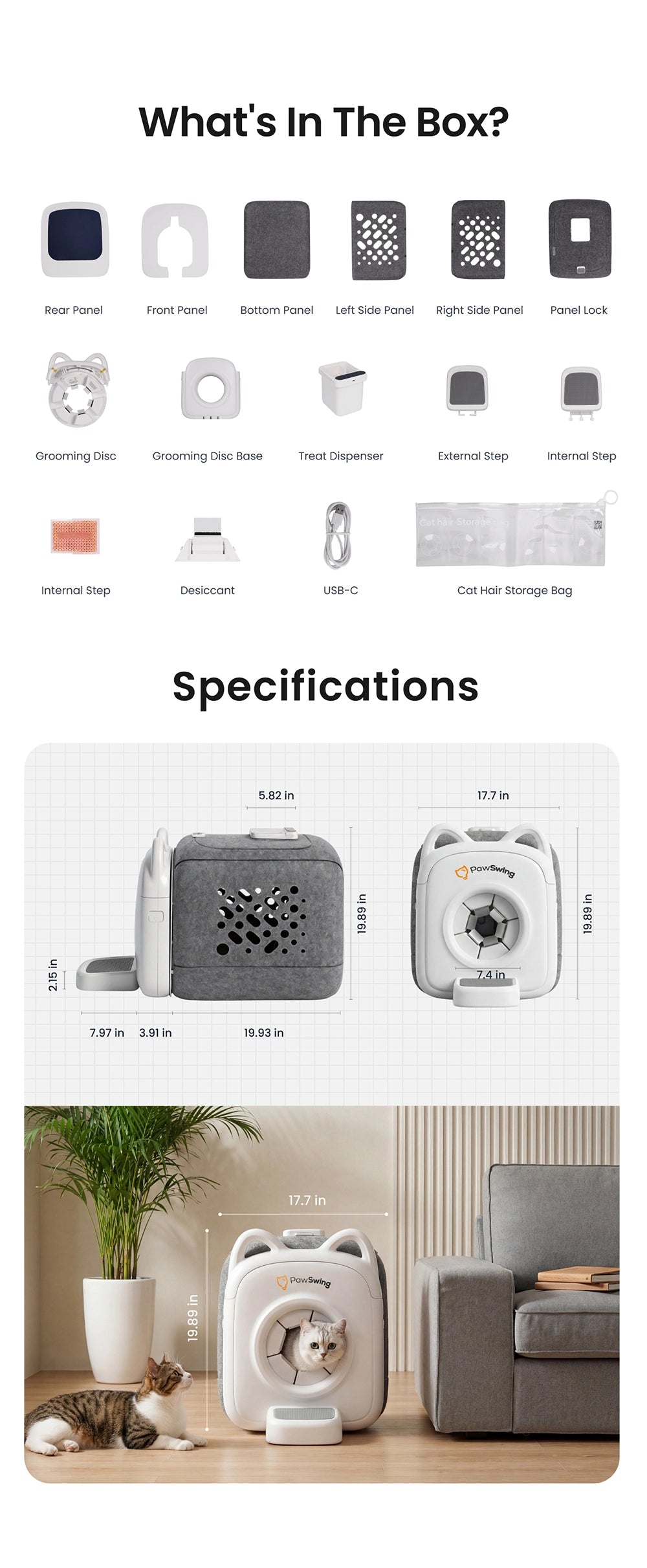 Comprehensive component breakdown for the PawSwing Neo Plus, showcasing advanced cat grooming tools like the grooming disc, treat dispenser, and external steps for an all-in-one care solution