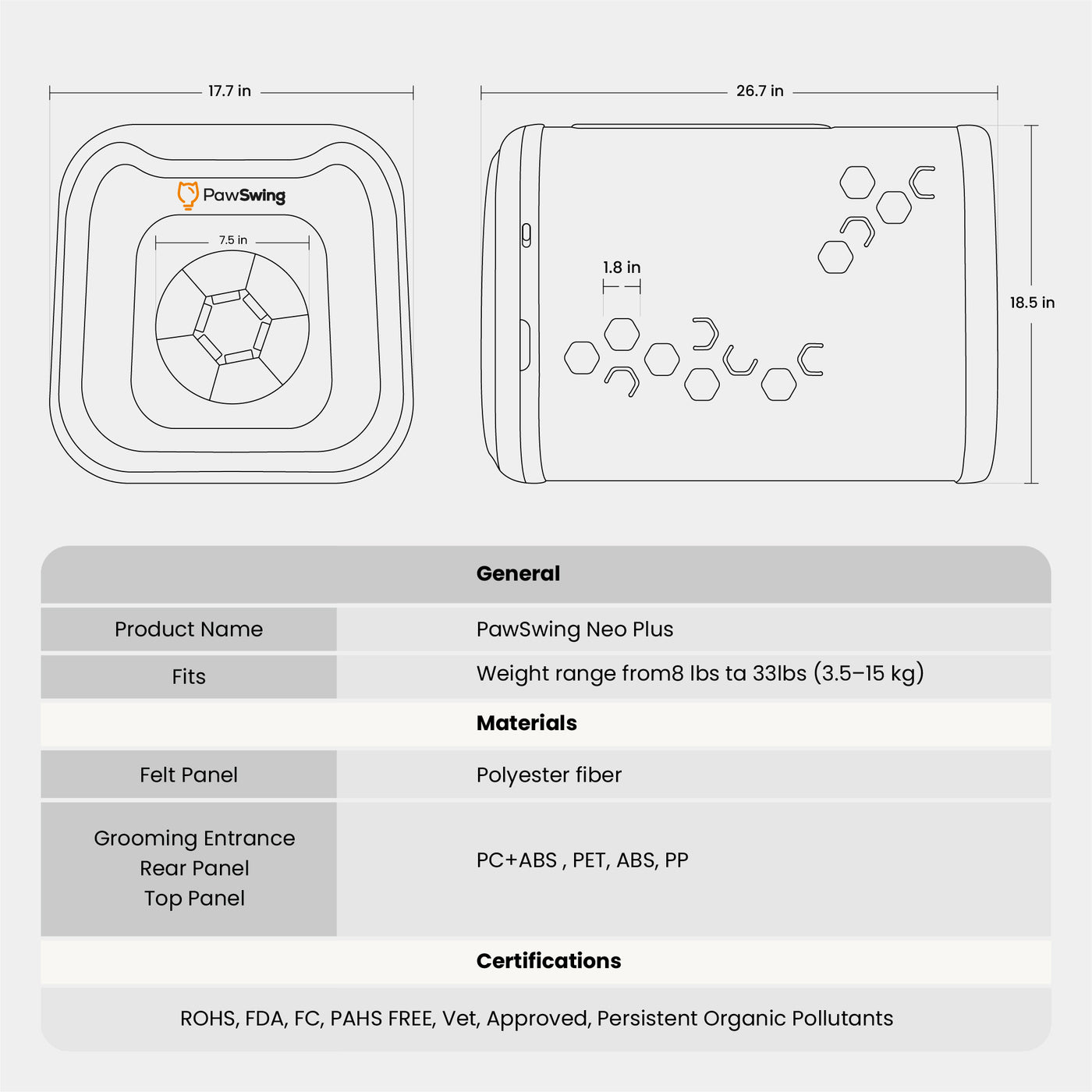 Technical dimensions and material specs for the PawSwing® neo Plus large cat self grooming house