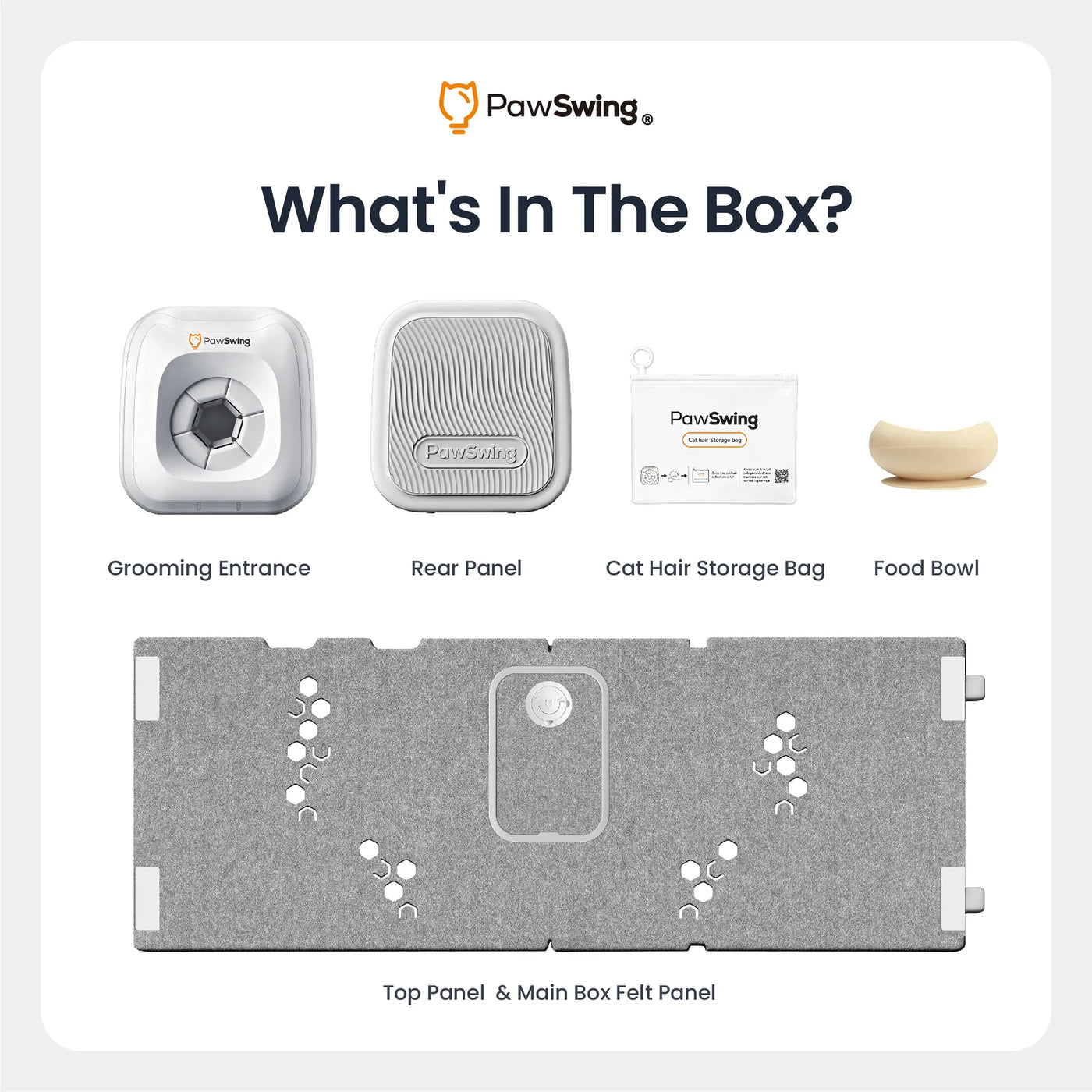 Box contents for the PawSwing® neo Plus large cat self grooming house including a food bowl and hair storage bag