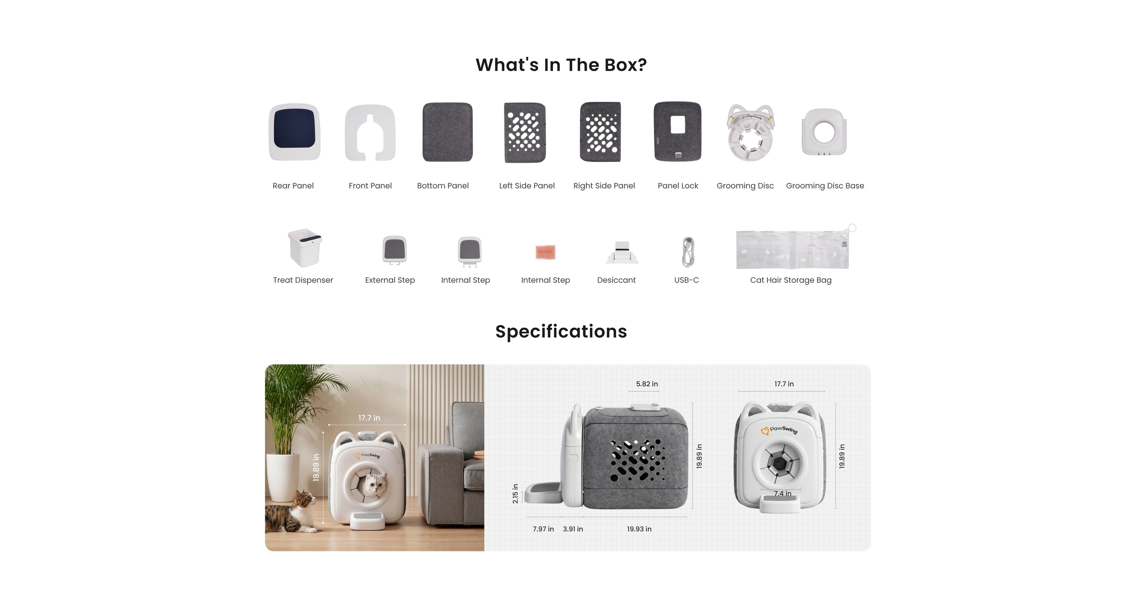 Comprehensive component breakdown for the PawSwing Neo Plus, showcasing advanced long haired cat brushing like the grooming disc, treat dispenser, and external steps for an all-in-one care solution